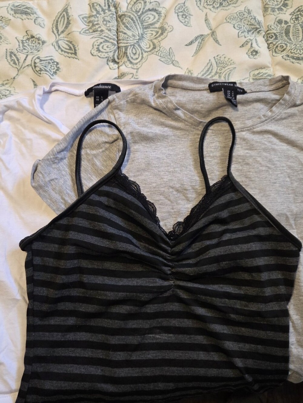 Women’s Striped Black & Gray Lace-Trim Cami